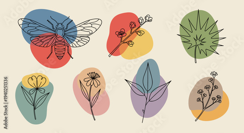 A collection of hand-drawn flowers and a bee in colorful abstract shapes in modern minimalist vector style, ideal for nature-themed projects