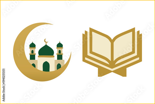Golden open Quran and crescent moon with mosque vector icons.