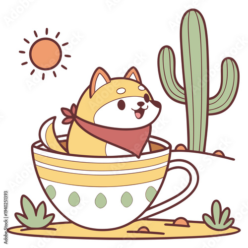 Cute Mischievous Akita, accessorized with in a teacup, in a Desert Mirage world – Desert Mirage palette vector