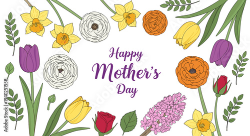 A collection of colorful flowers including tulips, roses, and daffodils with the text 'Happy Mother's Day' in modern vector style, ideal for greeting cards and gifts