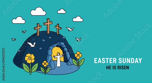 A colorful Easter Sunday scene featuring a tomb with a cross, flowers, and clouds in flat vector style, ideal for religious holiday graphics