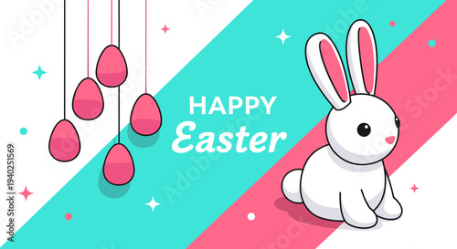 A cute Easter bunny with colorful eggs in a modern flat vector style, perfect for holiday greetings and decorations