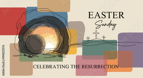 A colorful illustration of an Easter scene featuring a cave with sunrise and crosses in minimalist vector style, perfect for religious celebrations and holiday promotions