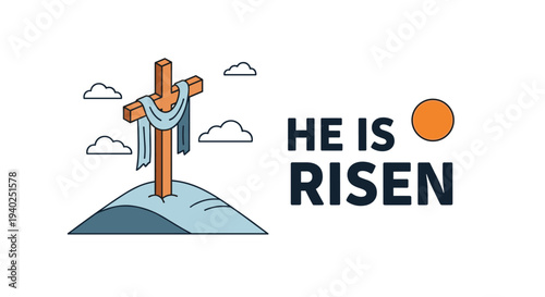 A simple illustration of a cross with a cloth and a rising sun in modern flat vector style, ideal for Easter celebrations and religious themes