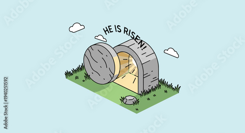 An illustration of an empty tomb with the text 'He Is Risen!' in flat modern vector style, perfect for Easter celebrations and religious themes