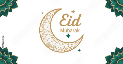 Eid Mubarak with Ornate Crescent Moon and Geometric Borders Islamic Muslim