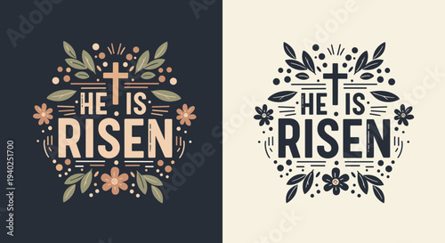 A decorative illustration featuring the text 'He Is Risen' with a cross and floral elements in modern vector style, ideal for Easter celebrations and religious themes
