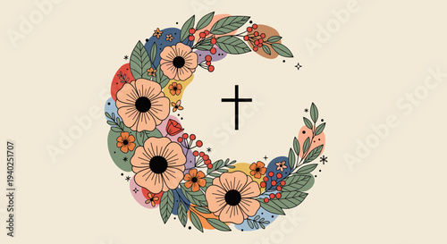 A floral wreath with a cross at the center in colorful modern vector style, suitable for religious and seasonal themes