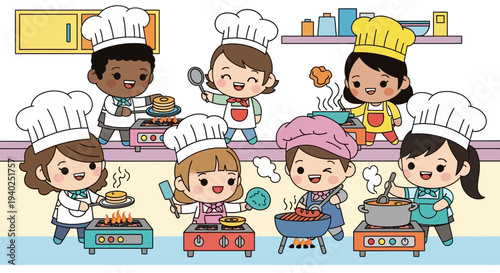 Diverse children cooking together in a kitchen.