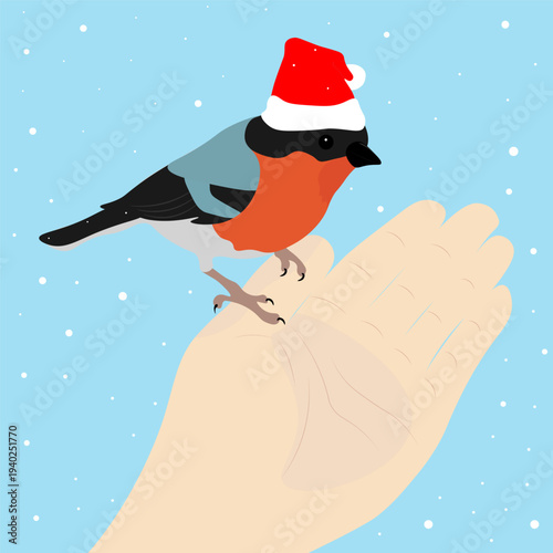 A red-breasted bullfinch in a red New Year's hat sits on an open palm. The concept of winter, the new year, and Christmas.