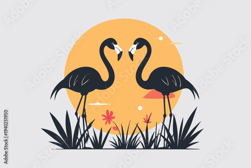 Cute pink flamingo mother and baby showing love in nature cartoon illustration
