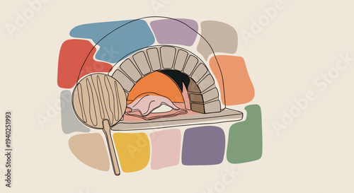 A wood-fired pizza oven with a pizza paddle in minimalist flat vector style, perfect for culinary branding and restaurant menus