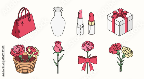 A collection of fashion and beauty items including a handbag, vase, lipstick, flowers, and a gift box in minimalist vector style, ideal for lifestyle branding and feminine designs