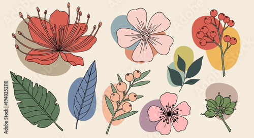 A collection of various flowers and leaves in modern flat vector style, ideal for textile design and home decor
