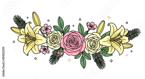 A floral arrangement featuring roses and lilies in a hand-drawn vector style, perfect for wedding invitations and decorative designs