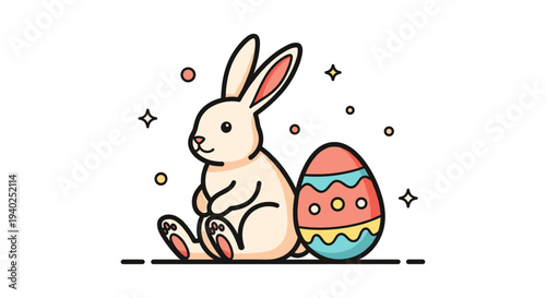 A cute bunny sitting beside a colorful decorated Easter egg in a playful minimalist vector style, perfect for spring celebrations and holiday designs