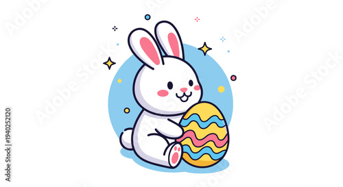 A cute rabbit character holding a brightly colored Easter egg in playful cartoon style, perfect for spring celebrations and holiday designs
