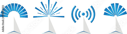 Blue 3D Wireless Signal Tower Icon Set with Communication Network Antennas and Radio Wave Symbols for Technology Infrastructure Connection Web Design