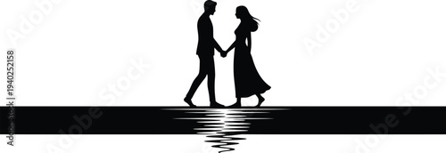 Silhouette of Loving Couple Holding Hands on Waters Edge