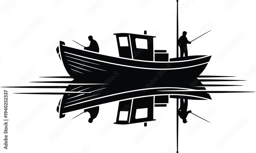 Naklejka premium Fishermen Sailing Boat on Water Silhouette