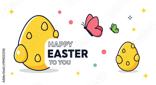 A cheerful Easter illustration featuring colorful eggs and butterflies in a modern vector style, perfect for festive greetings