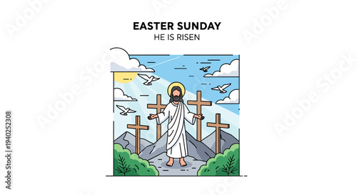 A depiction of Jesus rising from the dead on Easter Sunday in a colorful flat vector style, perfect for religious illustrations and holiday designs