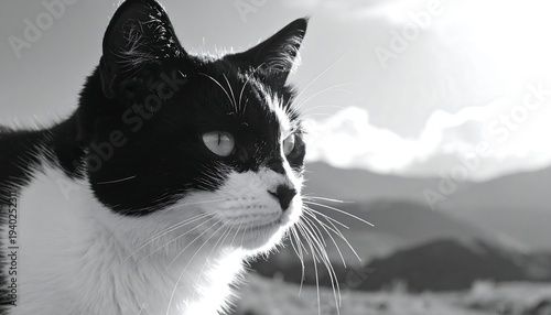 Black and white cat portrait with mountain backdrop.