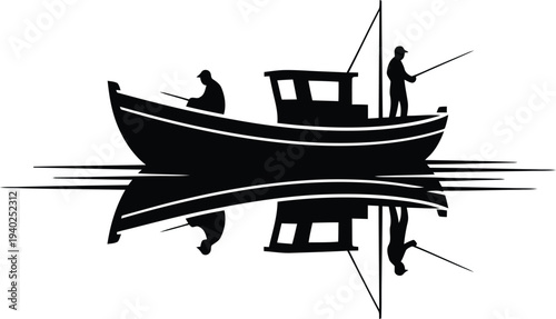 Black Silhouette of Two Men Fishing on Boat on Water