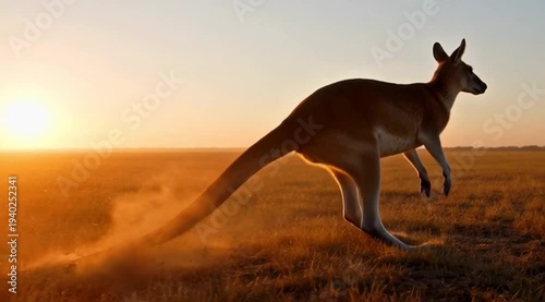 Kangaroo jumping in a vast grassland at sunset, cinematic, slow motion, dust flying, warm golden hour feel