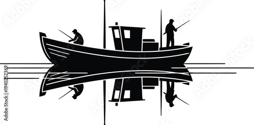Fishermen on Boat in Water Reflection