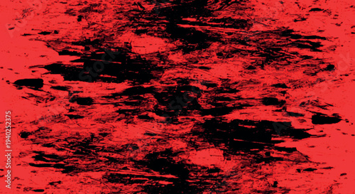 Abstract expressionist painting with bold red and black brushstrokes.