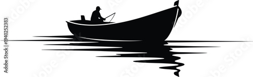 Fisherman Rowing Boat on Calm Water Silhouette