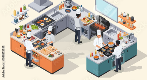 Commercial kitchen with chefs preparing food at various stations.