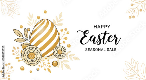 A decorative Easter egg with gold stripes surrounded by flowers and leaves in a minimalist vector style, perfect for seasonal sales promotions