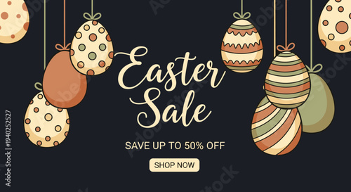A decorative Easter sale banner featuring colorful hanging eggs in a modern vector style, perfect for seasonal promotions