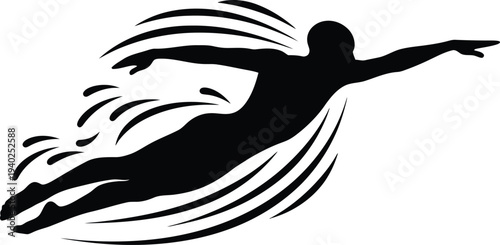 Black Silhouette Man Diving Fast on White Background with Motion Lines