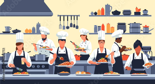 Busy commercial kitchen with chefs preparing food.