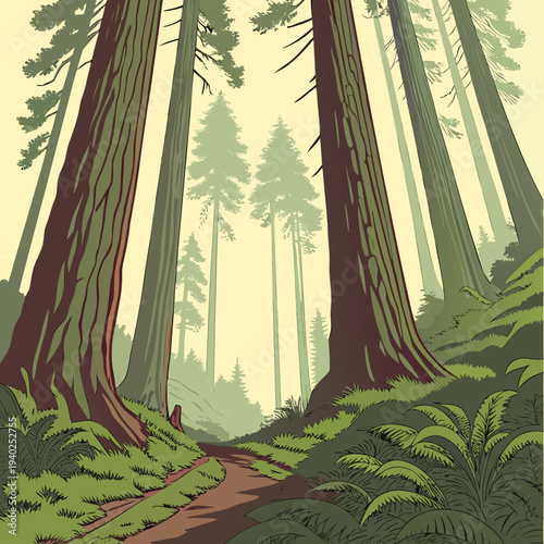 Tall redwood trees perspective view, nature vector scene 2