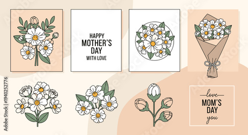 A collection of Mother's Day greeting cards featuring floral designs in a modern minimalist vector style, perfect for expressing love and appreciation
