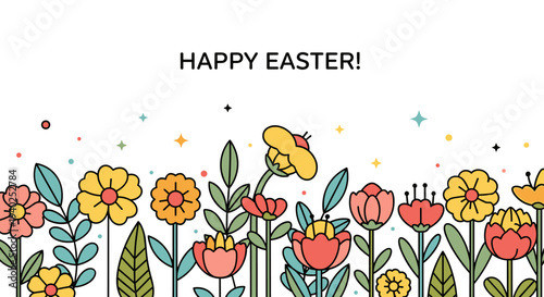A colorful floral illustration with various flowers and the text 'Happy Easter!' in a modern vector style, ideal for seasonal greeting cards and decorations