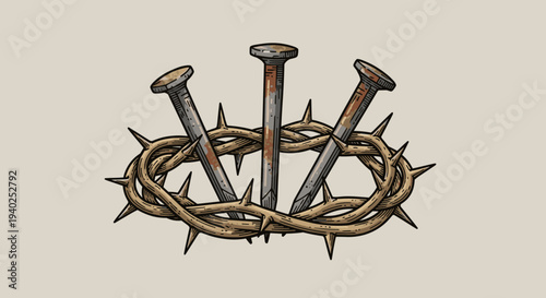 A detailed illustration of a crown of thorns with rusty nails in a vintage style, suitable for religious themes and inspirational design