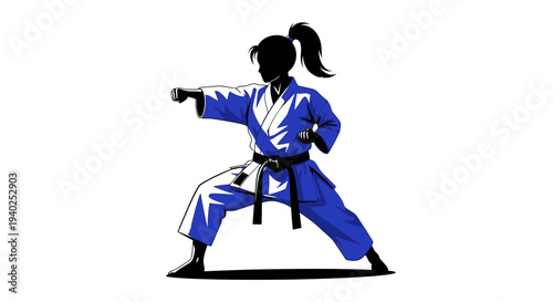 Karate Martial Arts Woman Silhouette – Fighter Action Pose Vector Illustration