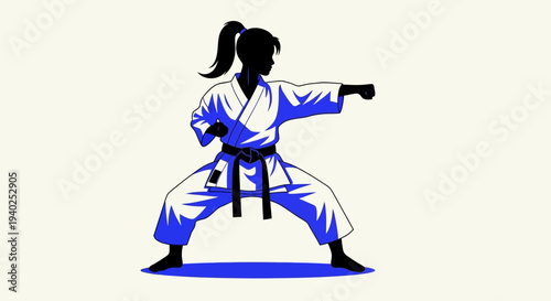 Karate Martial Arts Woman Silhouette – Fighter Action Pose Vector Illustration