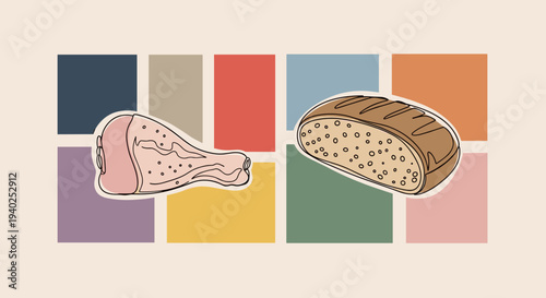 A colorful illustration featuring a chicken drumstick and a loaf of bread in modern flat vector style, ideal for food-related projects