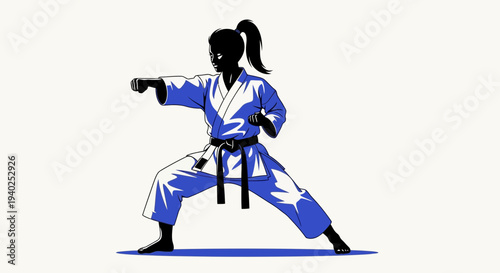 Karate Martial Arts Woman Silhouette – Fighter Action Pose Vector Illustration