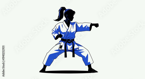 Karate Martial Arts Woman Silhouette – Fighter Action Pose Vector Illustration