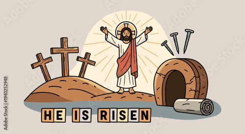 A depiction of Jesus Christ rising from the tomb with a radiant background in a colorful flat vector style, perfect for Easter celebrations and religious themes