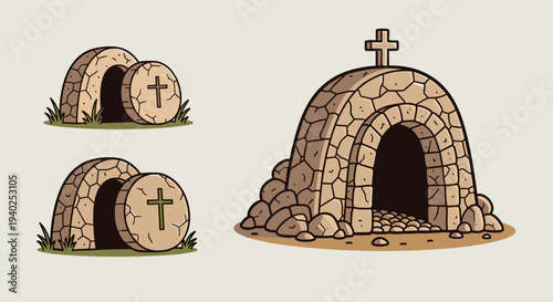 A collection of tombs and graves with stone textures and crosses in flat vector style, suitable for Halloween themes and memorial designs