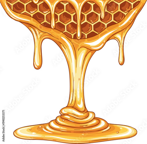 Isolated a realistic Close-up of melting golden honey and honeycomb vector art with white background.