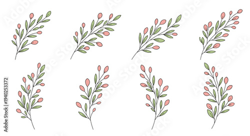 A set of hand-drawn floral branches with pink buds and green leaves in a minimalist vector style, perfect for wedding invitations and decorative designs